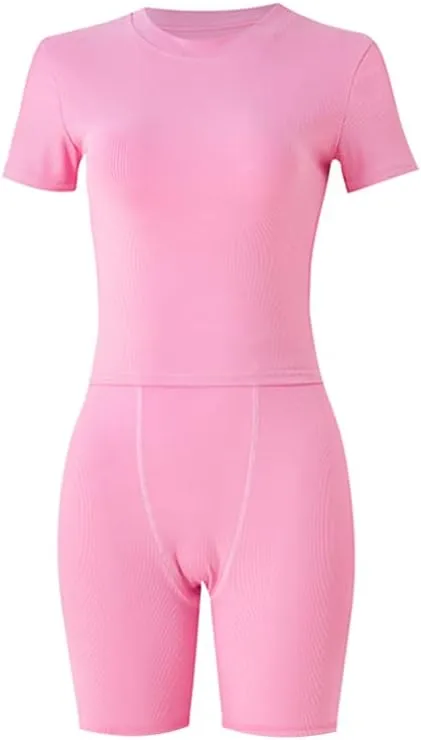 LICOBOD XS-3XL Casual Workout Two Piece Outfits for Women Short Sleeve T-shirt Elastic High Waist Shorts Sets Streetwear