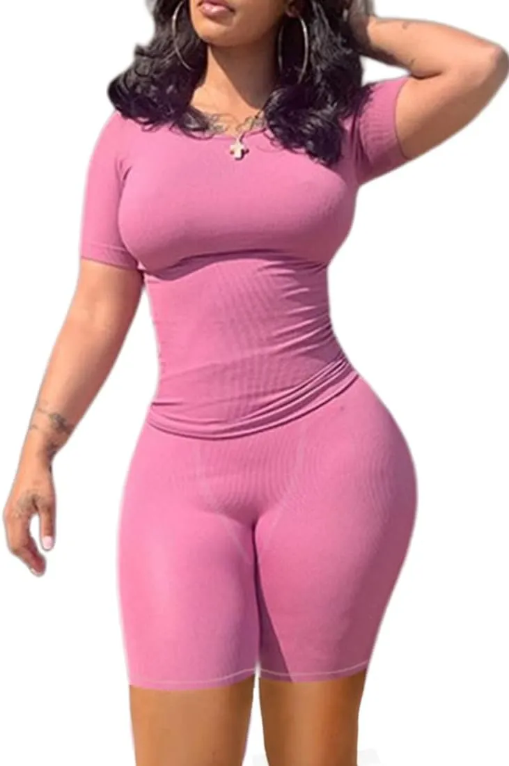 LICOBOD XS-3XL Casual Workout Two Piece Outfits for Women Short Sleeve T-shirt Elastic High Waist Shorts Sets Streetwear