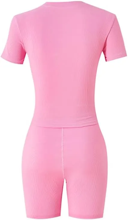 LICOBOD XS-3XL Casual Workout Two Piece Outfits for Women Short Sleeve T-shirt Elastic High Waist Shorts Sets Streetwear