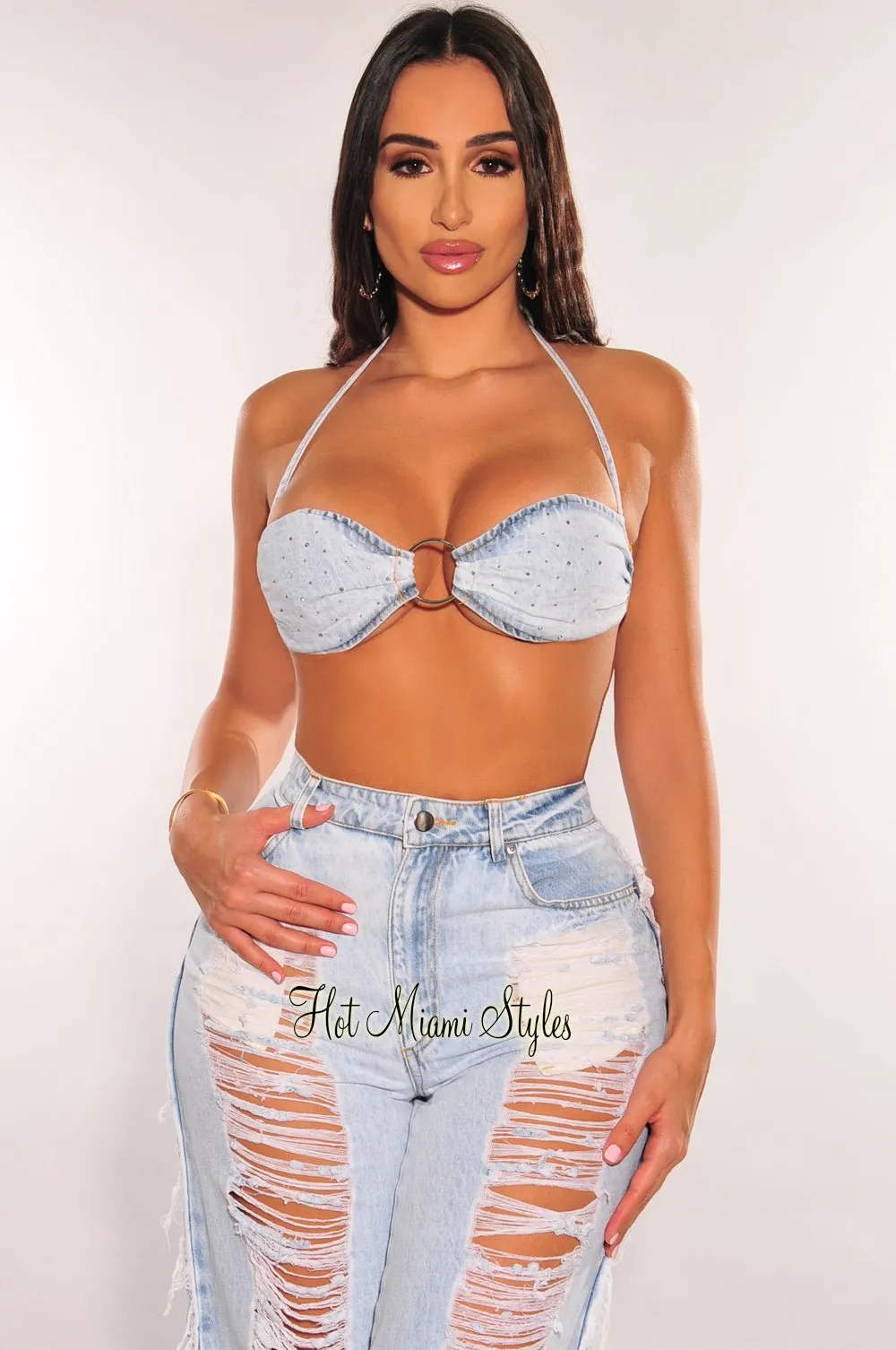 Light Denim Wash Halter Rhinestone Padded Destroyed Jeans Two Piece Set