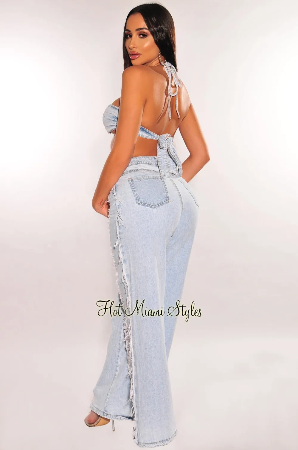 Light Denim Wash Halter Rhinestone Padded Destroyed Jeans Two Piece Set