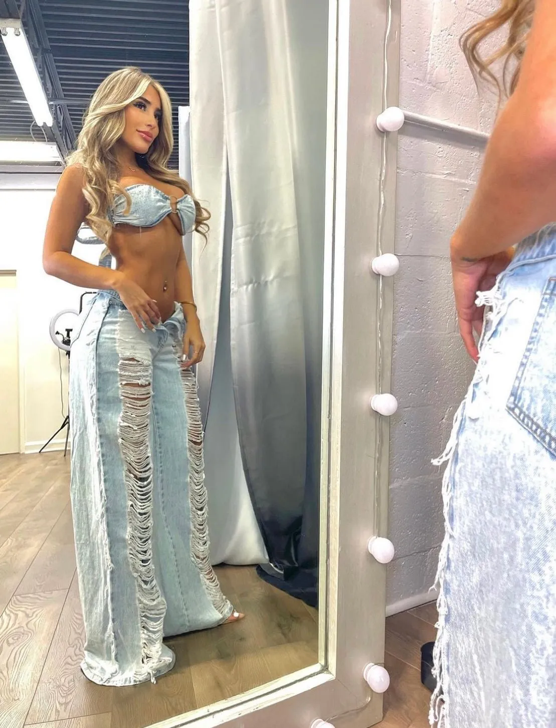Light Denim Wash Halter Rhinestone Padded Destroyed Jeans Two Piece Set