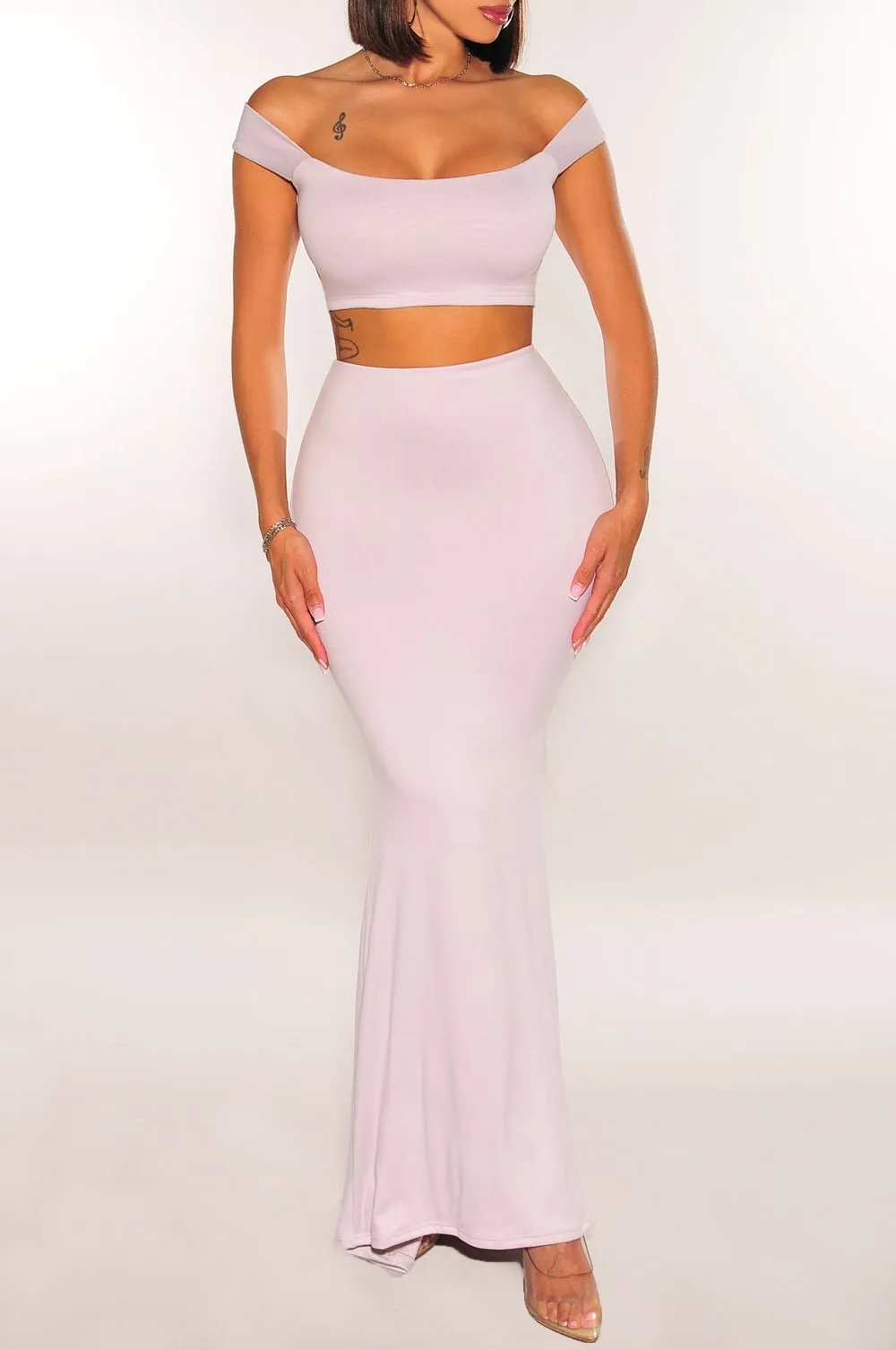 Light Stone Sleeveless Crop High Waist Mermaid Skirt Two Piece Set