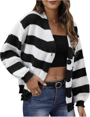 Lightweight Striped Cardigan Sweaters Women Long Sleeve Open Front Button Down Knit Jackets Color Block Cropped Coat