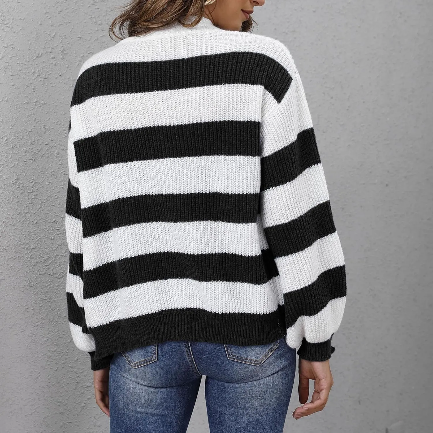 Lightweight Striped Cardigan Sweaters Women Long Sleeve Open Front Button Down Knit Jackets Color Block Cropped Coat