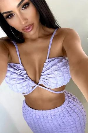 Lilac Bubble Textured Spaghetti Strap Tie Up Skirt Two Piece Set