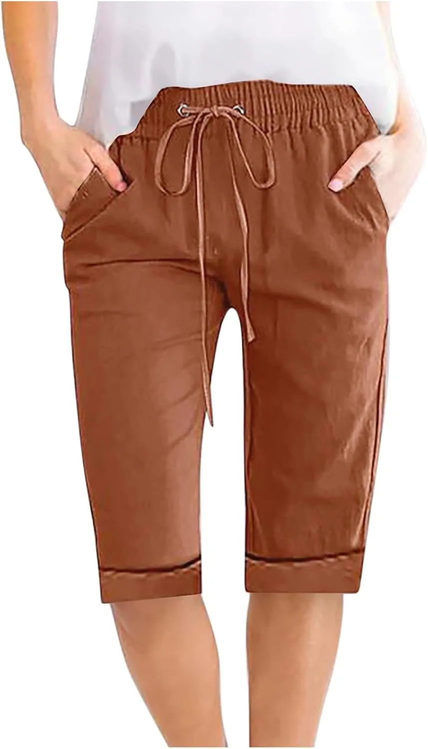 Linen Bermuda Shorts for Women Knee Length Straight Leg Elastic Waist Beach Pants Fashion 2025 Summer Vacation Outfit