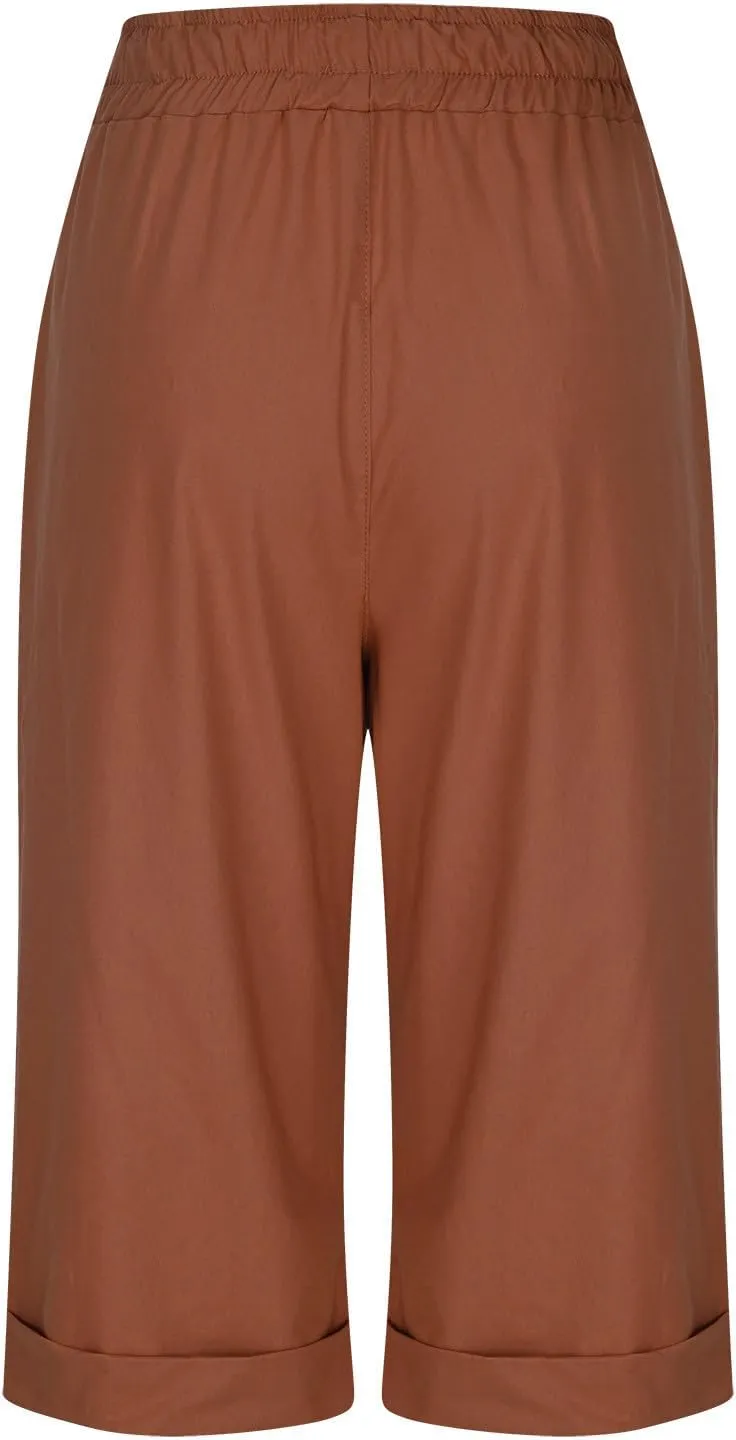 Linen Bermuda Shorts for Women Knee Length Straight Leg Elastic Waist Beach Pants Fashion 2025 Summer Vacation Outfit
