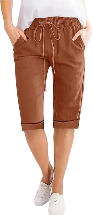 Linen Bermuda Shorts for Women Knee Length Straight Leg Elastic Waist Beach Pants Fashion 2025 Summer Vacation Outfit