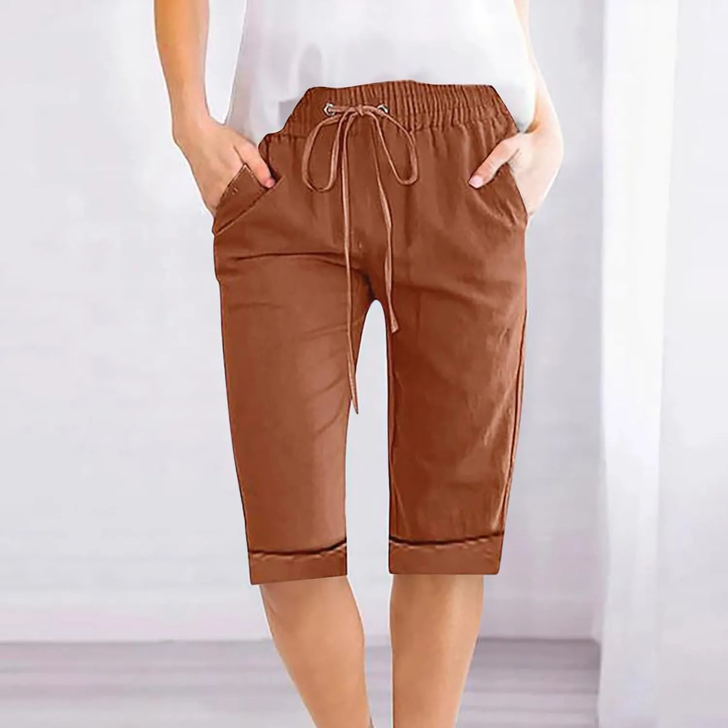 Linen Bermuda Shorts for Women Knee Length Straight Leg Elastic Waist Beach Pants Fashion 2025 Summer Vacation Outfit