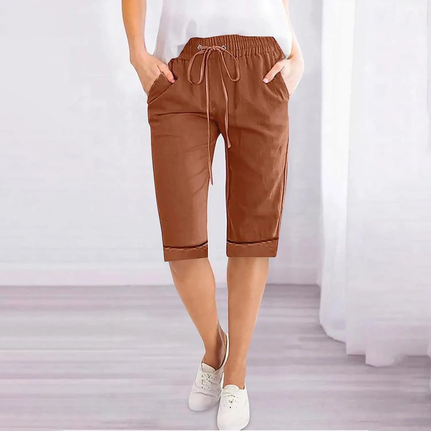 Linen Bermuda Shorts for Women Knee Length Straight Leg Elastic Waist Beach Pants Fashion 2025 Summer Vacation Outfit