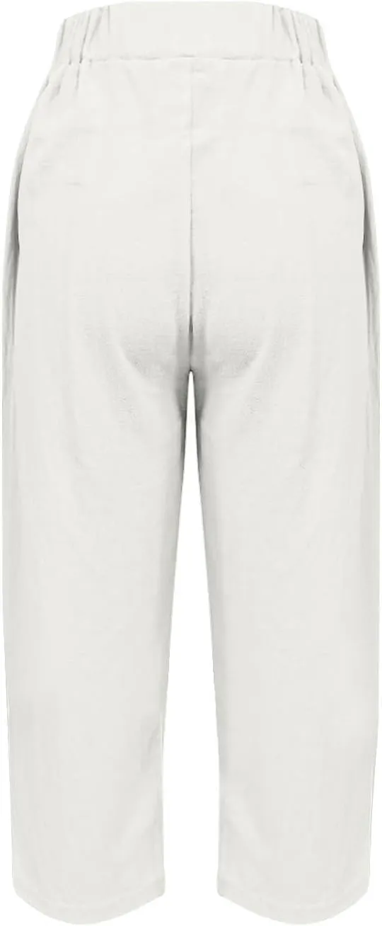 Linen Capri Pants for Women High Waisted Straight Leg Lounge Pant Comfy Soft Trousers with Pockets Casual Resort Wear