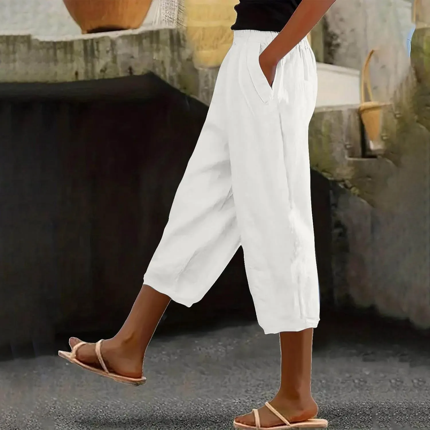 Linen Capri Pants for Women High Waisted Straight Leg Lounge Pant Comfy Soft Trousers with Pockets Casual Resort Wear