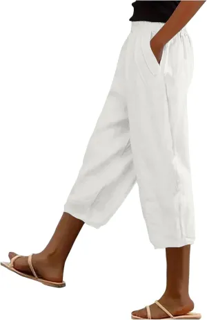 Linen Capri Pants for Women High Waisted Straight Leg Lounge Pant Comfy Soft Trousers with Pockets Casual Resort Wear