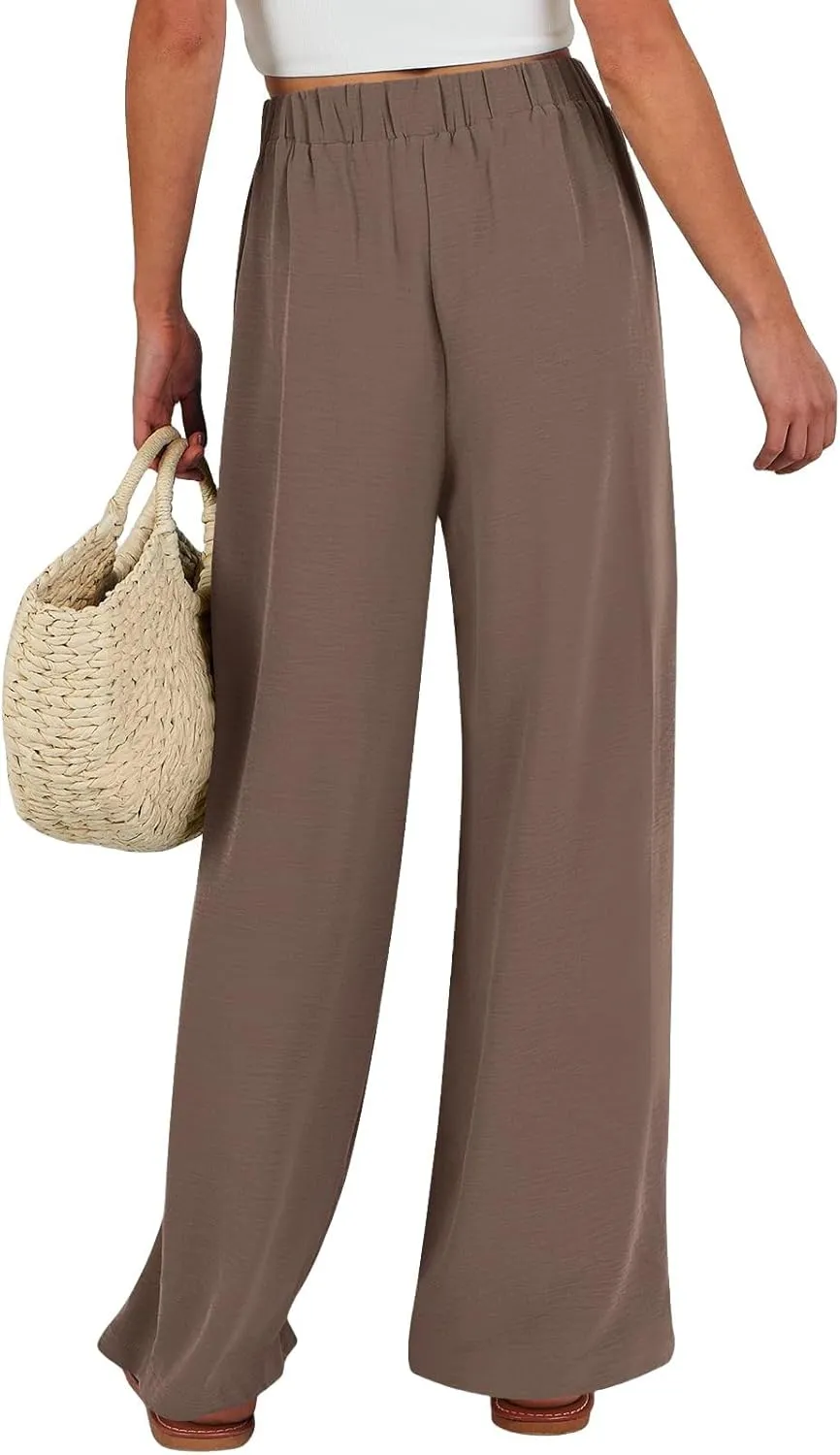 Linen Palazzo Pants for Women Adjustable Tie Knot High Waisted Wide Leg Dress Pants Loose Work Trousers with Pockets