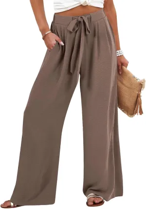 Linen Palazzo Pants for Women Adjustable Tie Knot High Waisted Wide Leg Dress Pants Loose Work Trousers with Pockets