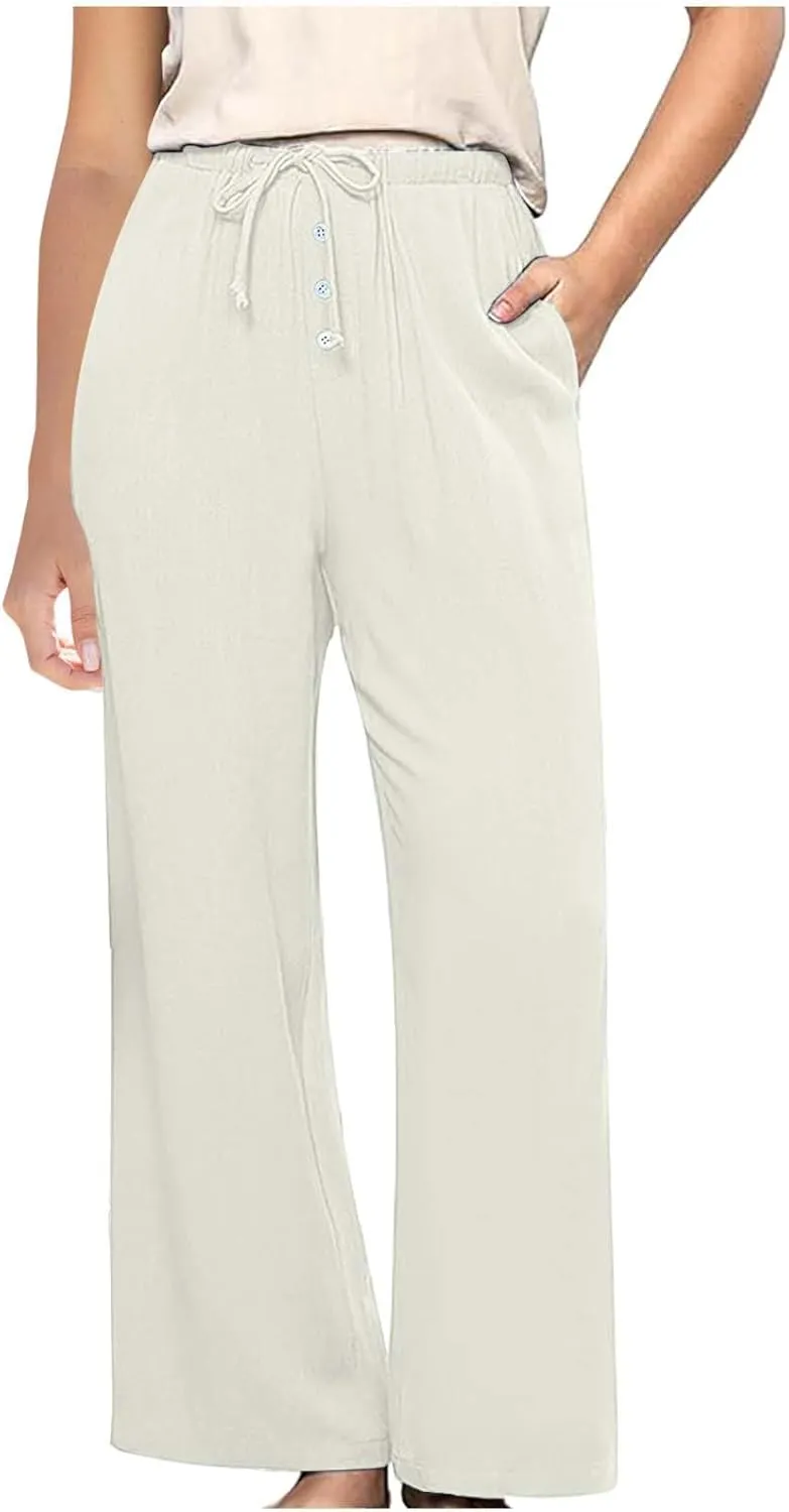 Linen Pants for Women High Waisted Wide Leg Elastic Waist Casual Loose Flowy Summer Beach Vacation Trouser with Pocket