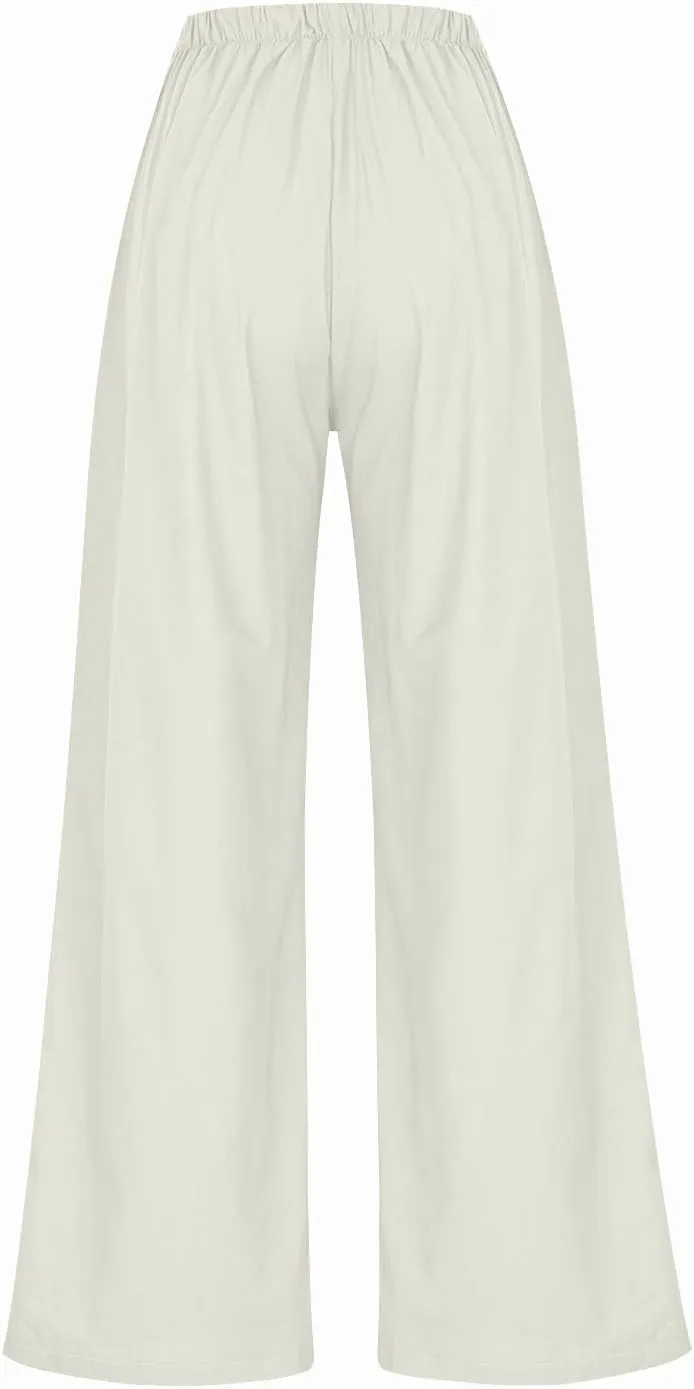Linen Pants for Women High Waisted Wide Leg Elastic Waist Casual Loose Flowy Summer Beach Vacation Trouser with Pocket