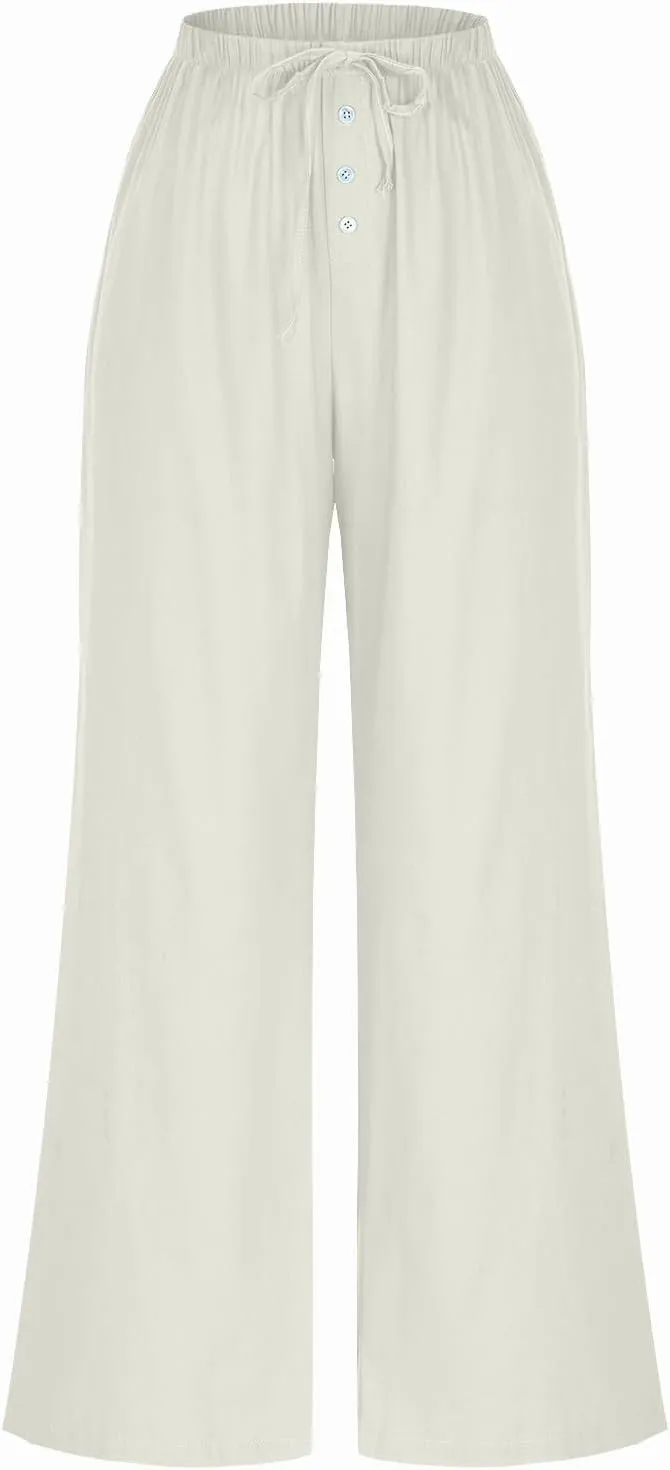 Linen Pants for Women High Waisted Wide Leg Elastic Waist Casual Loose Flowy Summer Beach Vacation Trouser with Pocket