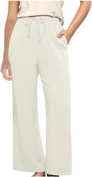 Linen Pants for Women High Waisted Wide Leg Elastic Waist Casual Loose Flowy Summer Beach Vacation Trouser with Pocket