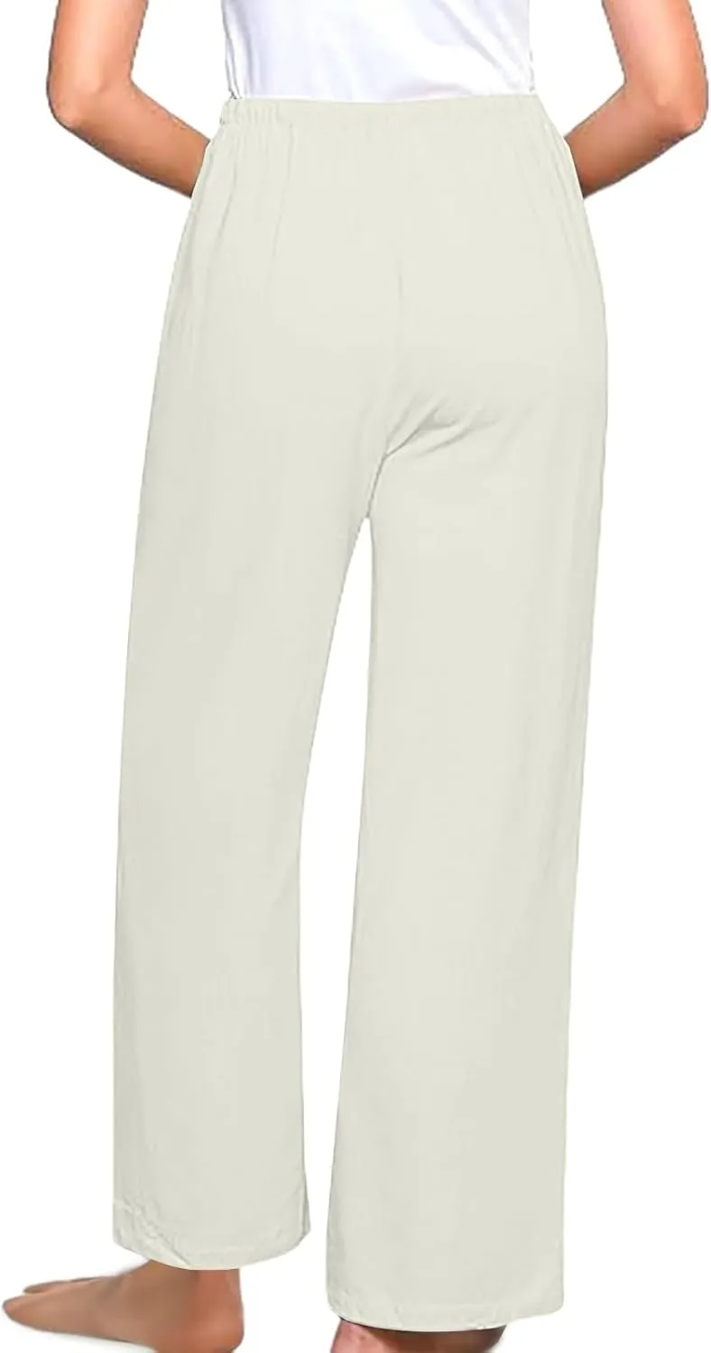 Linen Pants for Women High Waisted Wide Leg Elastic Waist Casual Loose Flowy Summer Beach Vacation Trouser with Pocket
