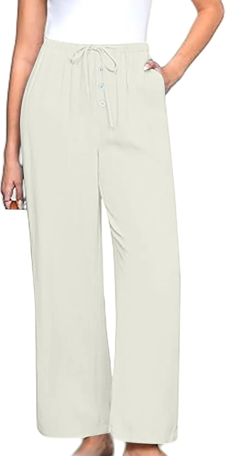 Linen Pants for Women High Waisted Wide Leg Elastic Waist Casual Loose Flowy Summer Beach Vacation Trouser with Pocket