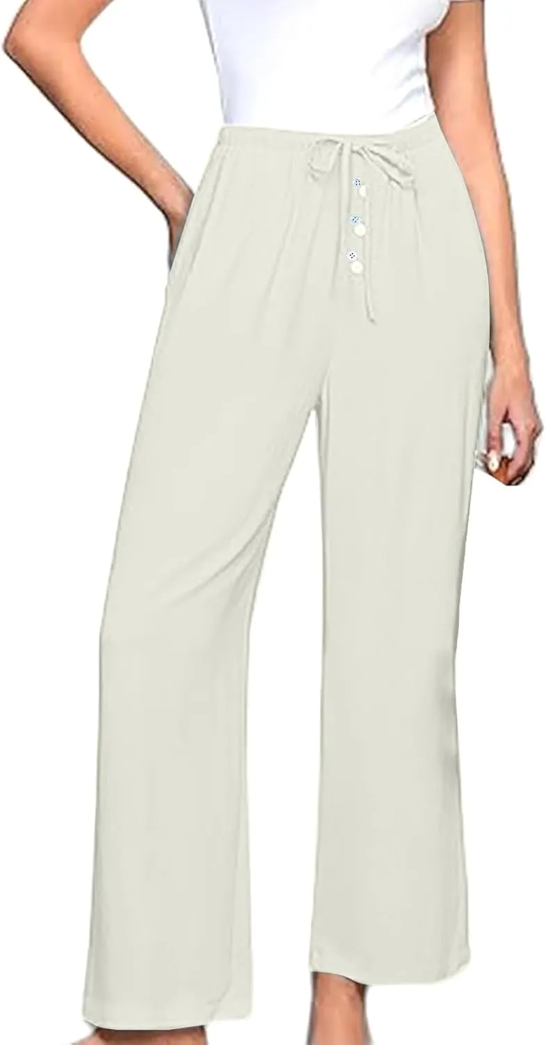 Linen Pants for Women High Waisted Wide Leg Elastic Waist Casual Loose Flowy Summer Beach Vacation Trouser with Pocket