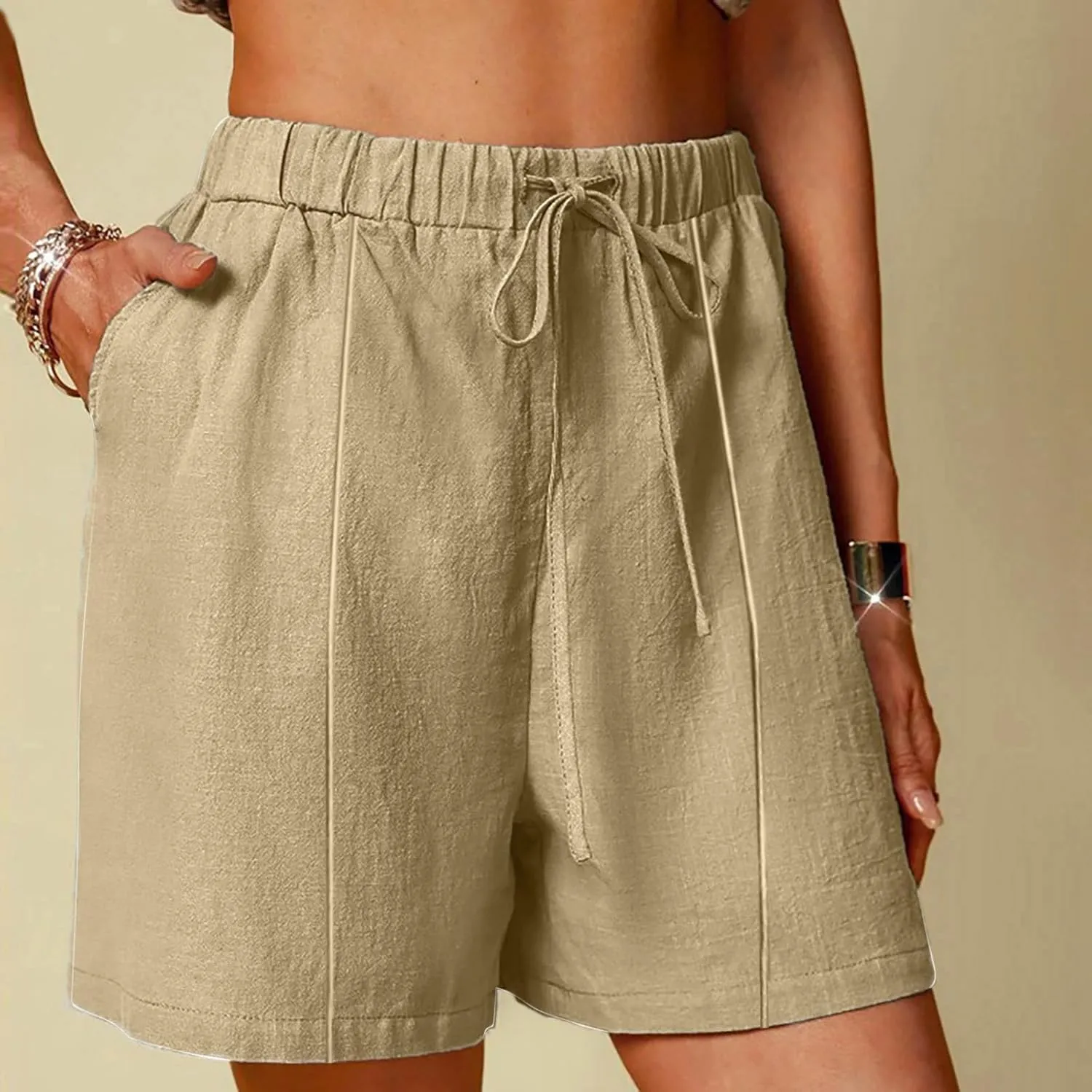 Linen Shorts for Women High Waisted Lightweight Casual Summer Drawstring Short Pants Beach Vacation Outfit W Pockets