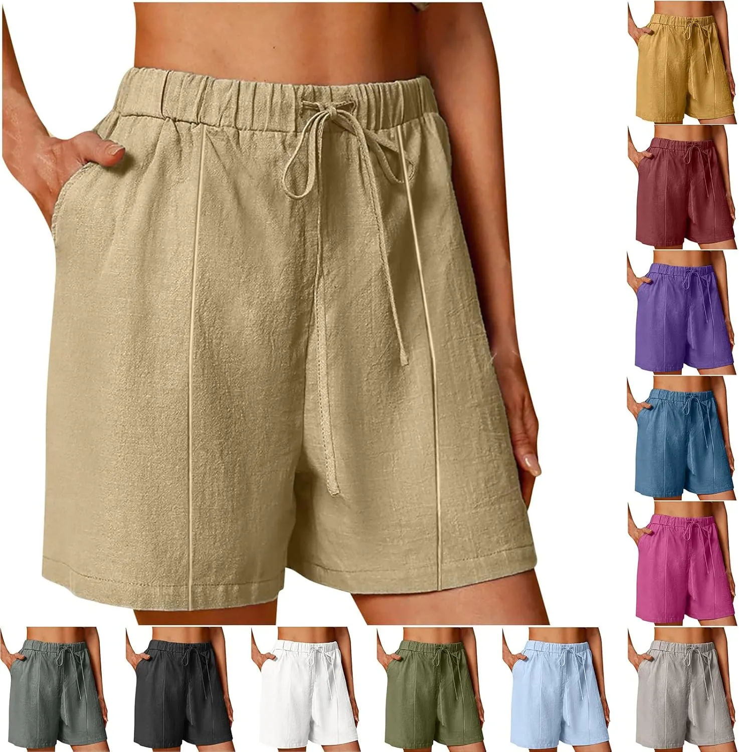 Linen Shorts for Women High Waisted Lightweight Casual Summer Drawstring Short Pants Beach Vacation Outfit W Pockets