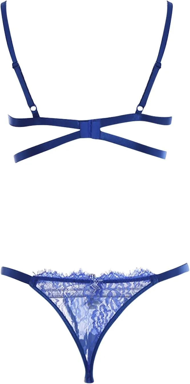 Lingerie Sets for Women 2 Piece Sexy Sheer Mesh Lace Bra and Panty Set Push Up Hollow out Underwear G-String Thong