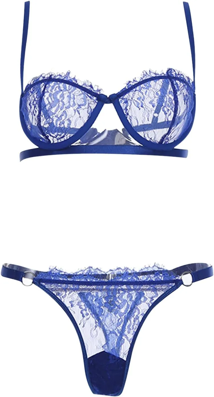 Lingerie Sets for Women 2 Piece Sexy Sheer Mesh Lace Bra and Panty Set Push Up Hollow out Underwear G-String Thong