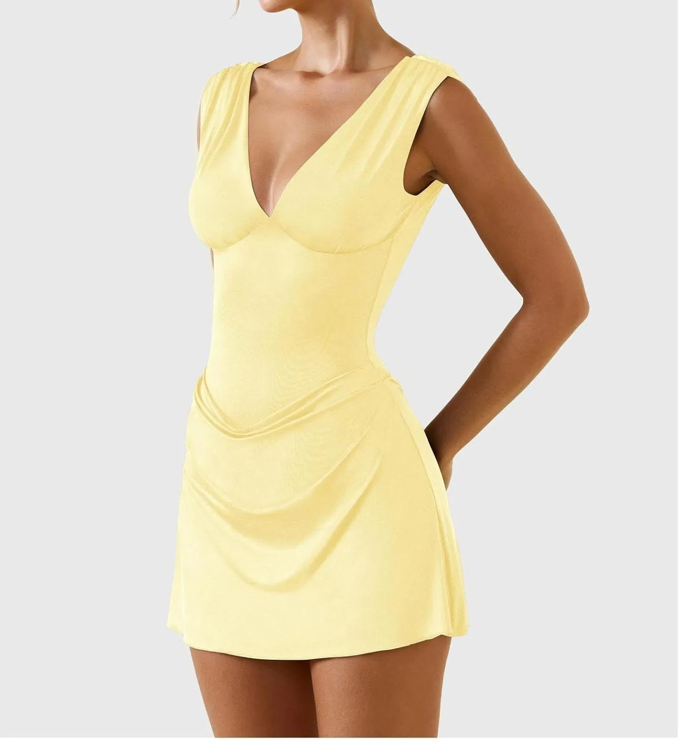 LOFAAC Women Sexy V Neck Backless Bodycon Mini Dress Slim Fit Sleeveless Ruched Formal Going Out Short Dress 2025 Summer