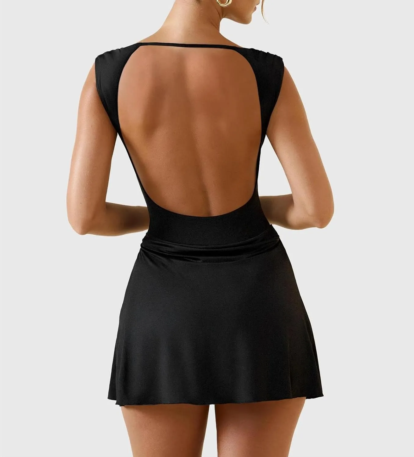 LOFAAC Women Sexy V Neck Backless Bodycon Mini Dress Slim Fit Sleeveless Ruched Formal Going Out Short Dress 2025 Summer