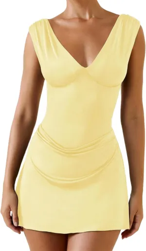 LOFAAC Women Sexy V Neck Backless Bodycon Mini Dress Slim Fit Sleeveless Ruched Formal Going Out Short Dress 2025 Summer
