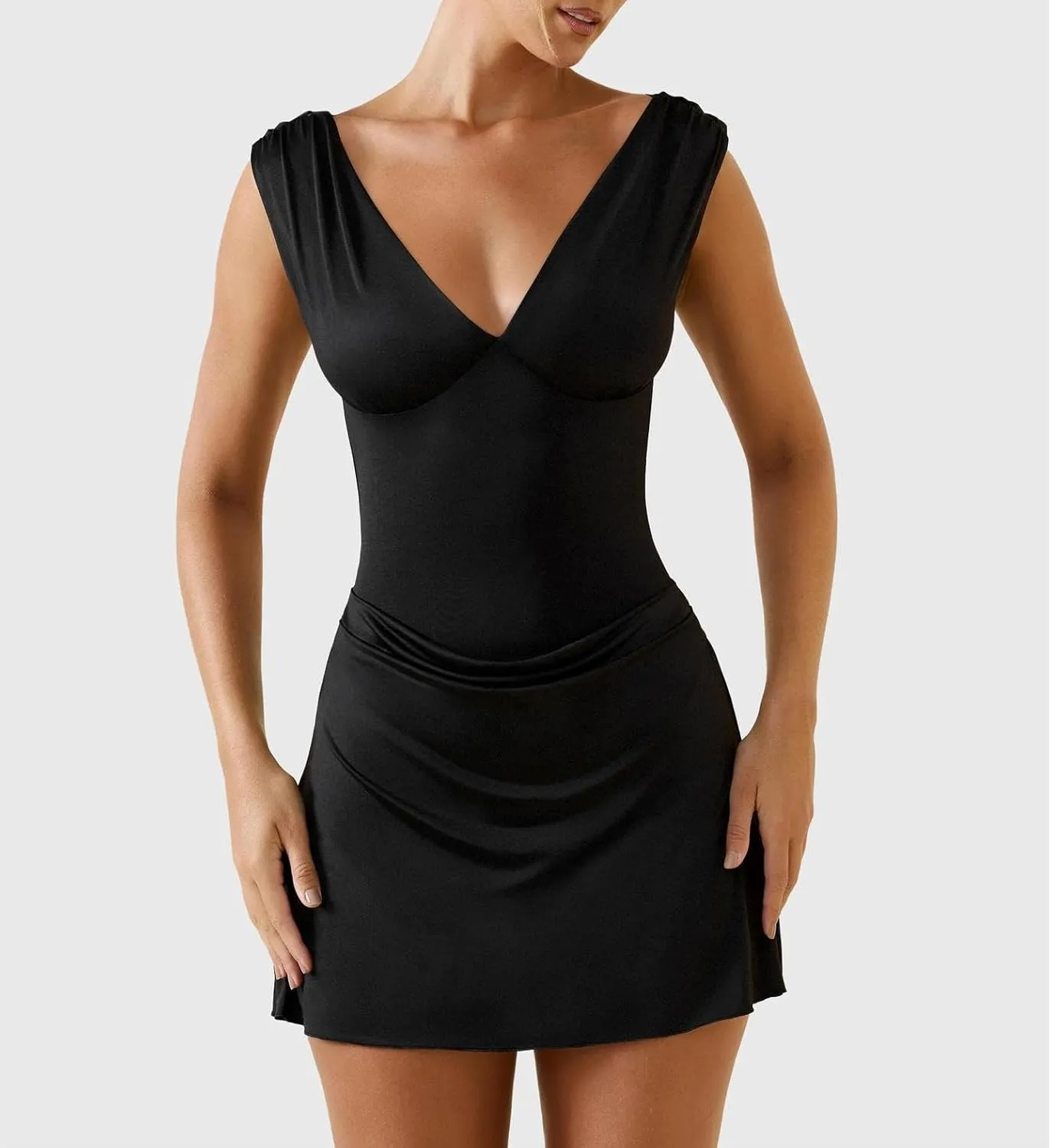 LOFAAC Women Sexy V Neck Backless Bodycon Mini Dress Slim Fit Sleeveless Ruched Formal Going Out Short Dress 2025 Summer