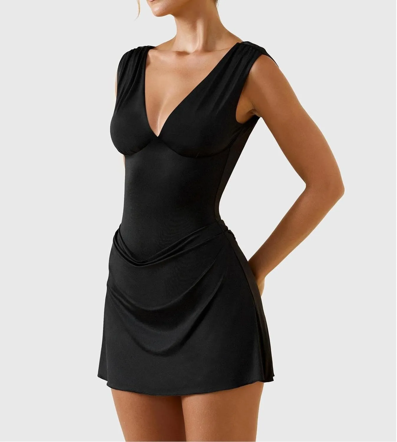 LOFAAC Women Sexy V Neck Backless Bodycon Mini Dress Slim Fit Sleeveless Ruched Formal Going Out Short Dress 2025 Summer