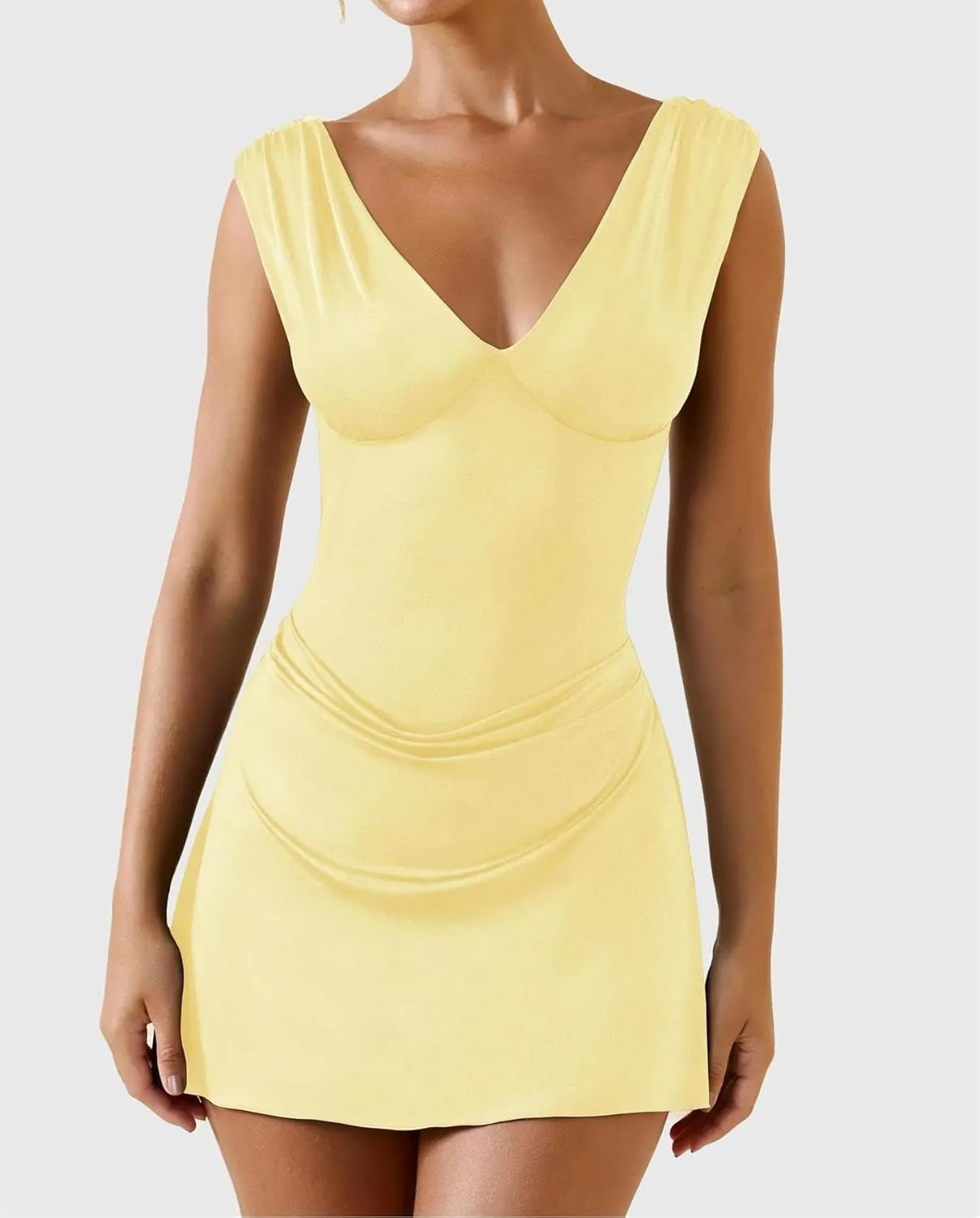 LOFAAC Women Sexy V Neck Backless Bodycon Mini Dress Slim Fit Sleeveless Ruched Formal Going Out Short Dress 2025 Summer