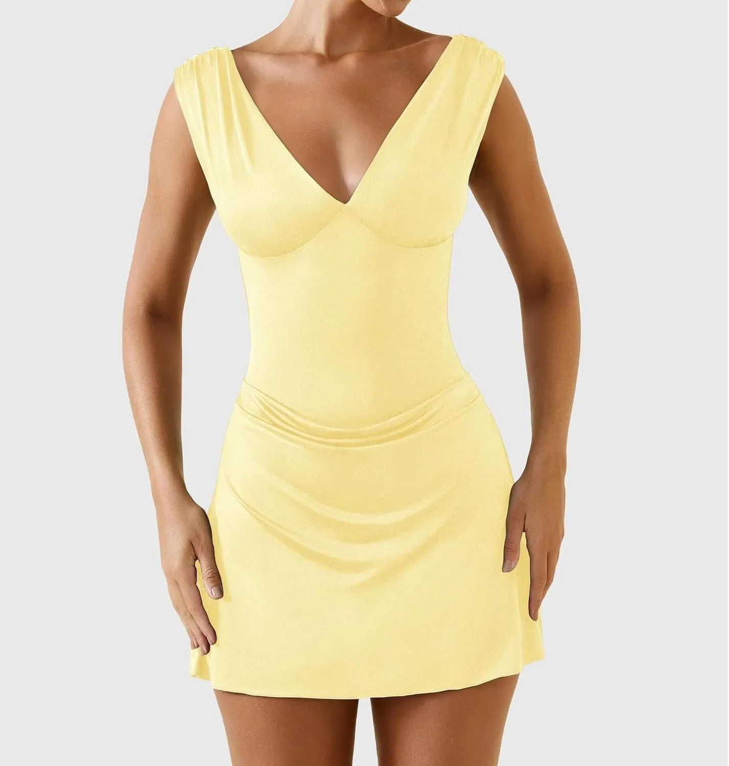 LOFAAC Women Sexy V Neck Backless Bodycon Mini Dress Slim Fit Sleeveless Ruched Formal Going Out Short Dress 2025 Summer