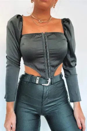 Long Sleeve Hook & Eye Satin Crop Top - Black