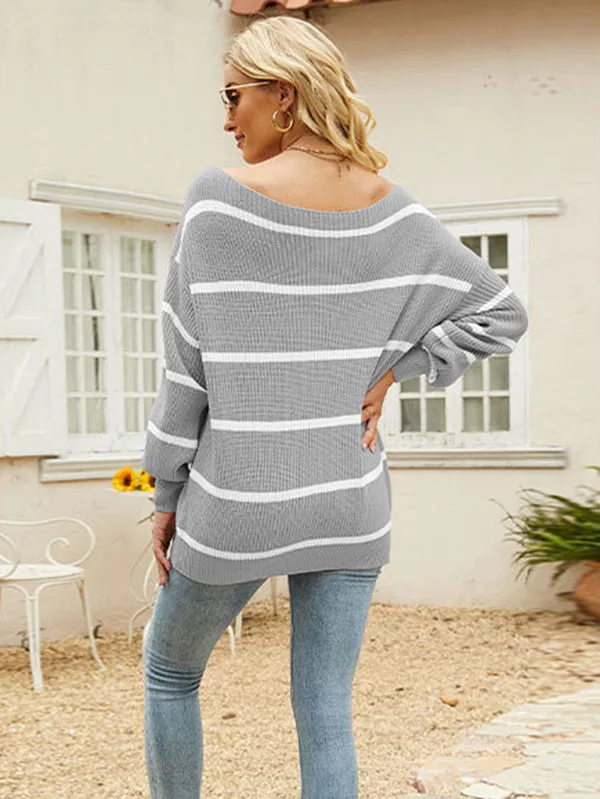Long Sleeves Striped Off-The-Shoulder Sweater Tops