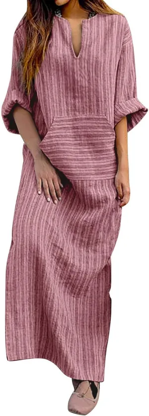 Lpmadey Women Beachwear Plus Size Kaftans Long Swimsuit Cover up Caftan Beach Dress Fashion Striped Cotton Linen Dresses