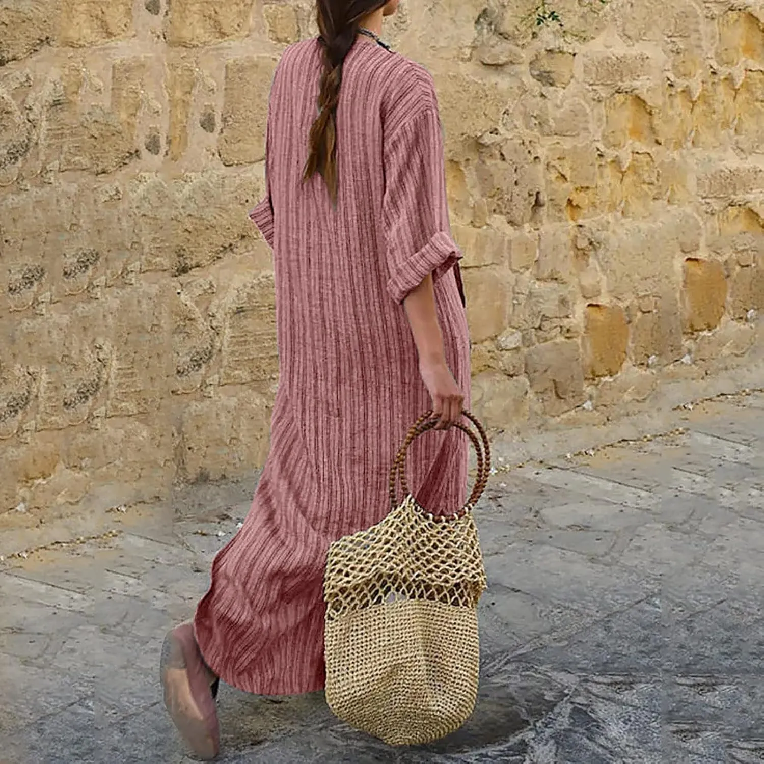 Lpmadey Women Beachwear Plus Size Kaftans Long Swimsuit Cover up Caftan Beach Dress Fashion Striped Cotton Linen Dresses