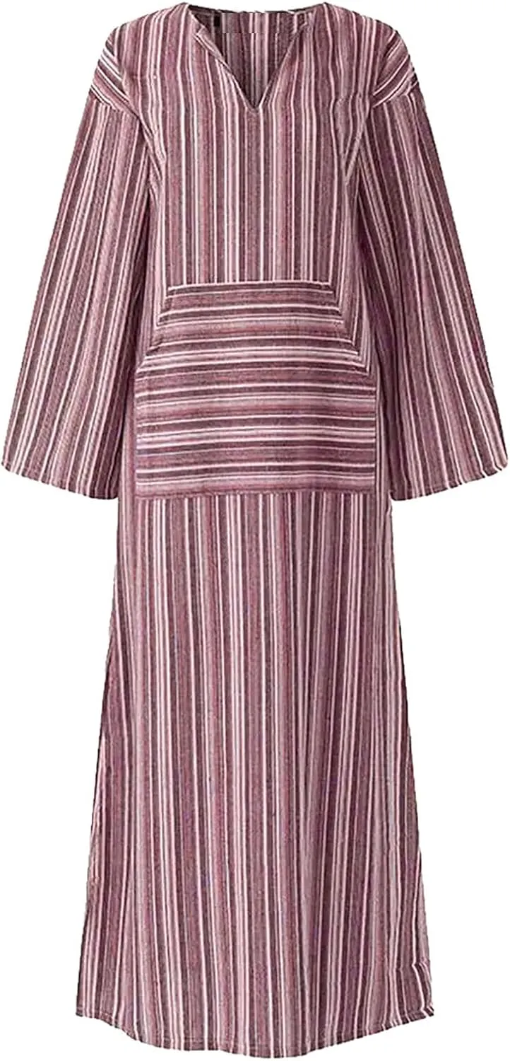 Lpmadey Women Beachwear Plus Size Kaftans Long Swimsuit Cover up Caftan Beach Dress Fashion Striped Cotton Linen Dresses