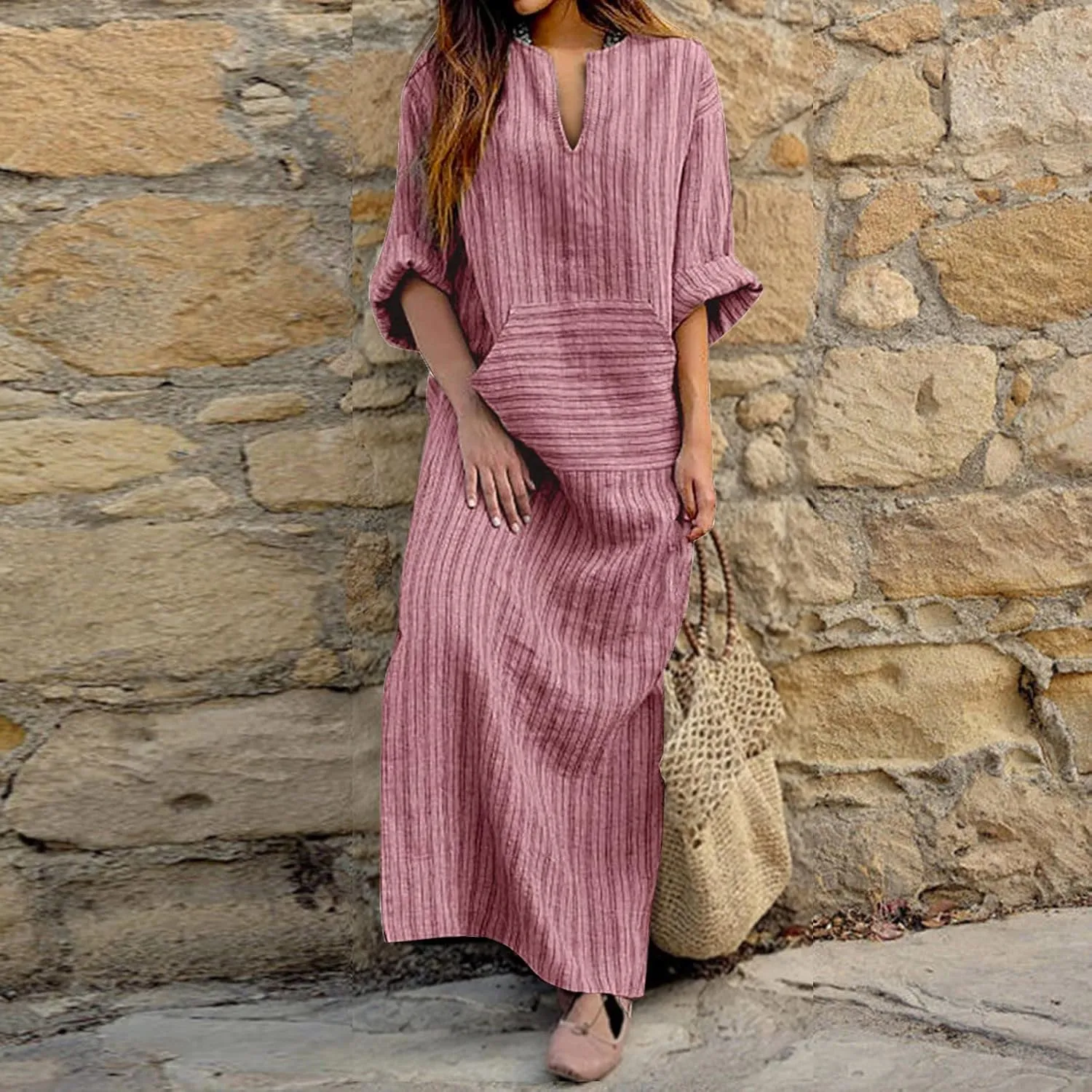 Lpmadey Women Beachwear Plus Size Kaftans Long Swimsuit Cover up Caftan Beach Dress Fashion Striped Cotton Linen Dresses