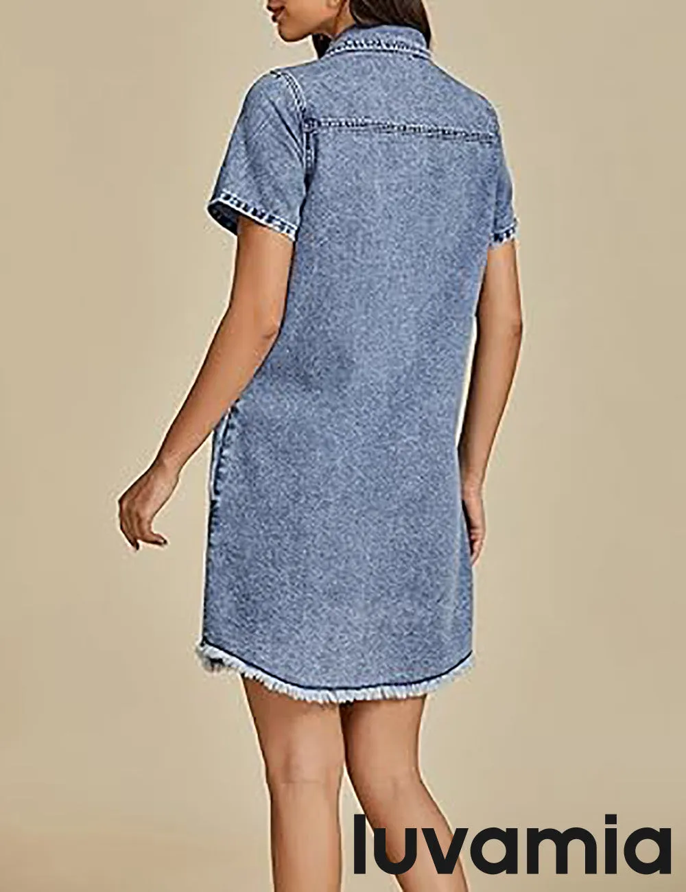 LUVAMIA Women's Midi Sundresses Crewneck short Sleeve Denim Casual Dress