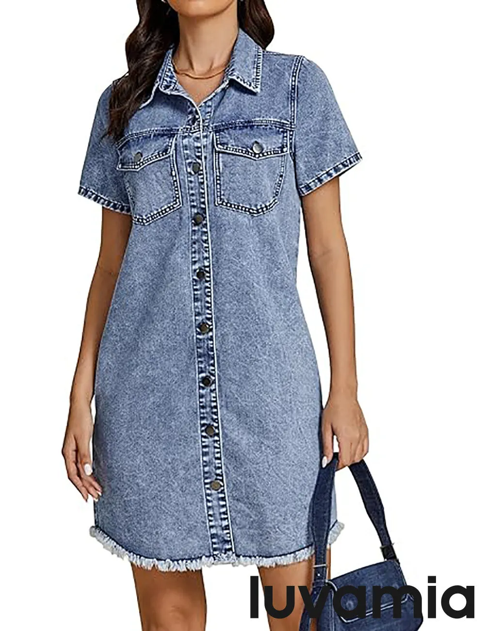 LUVAMIA Women's Midi Sundresses Crewneck short Sleeve Denim Casual Dress