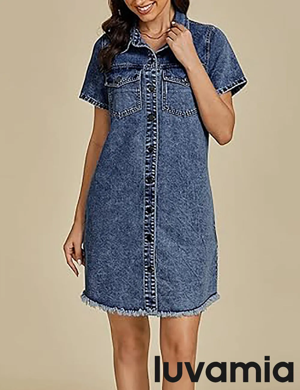 LUVAMIA Women's Midi Sundresses Crewneck short Sleeve Denim Casual Dress