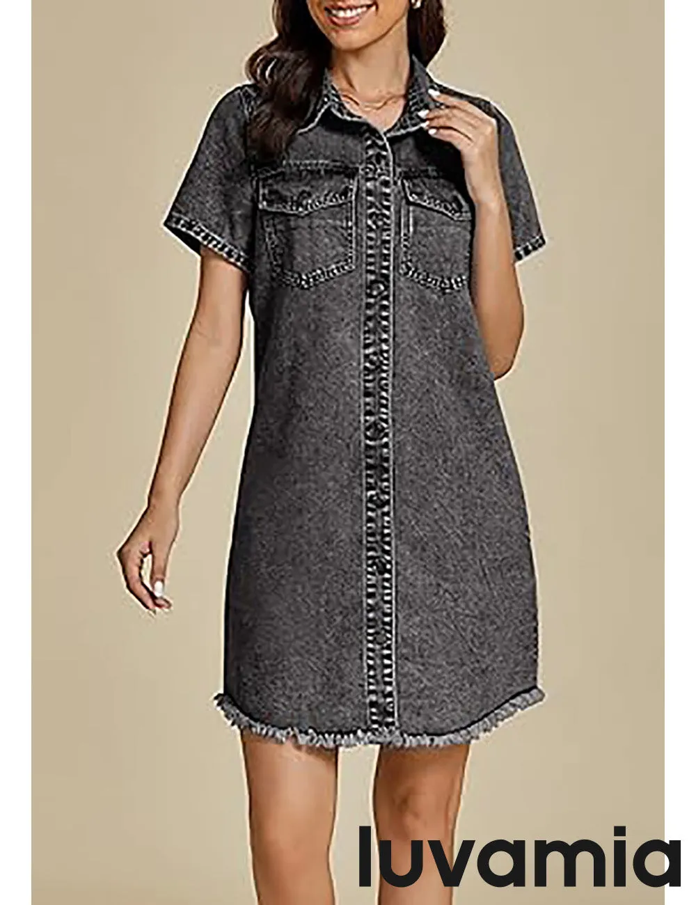LUVAMIA Women's Midi Sundresses Crewneck short Sleeve Denim Casual Dress