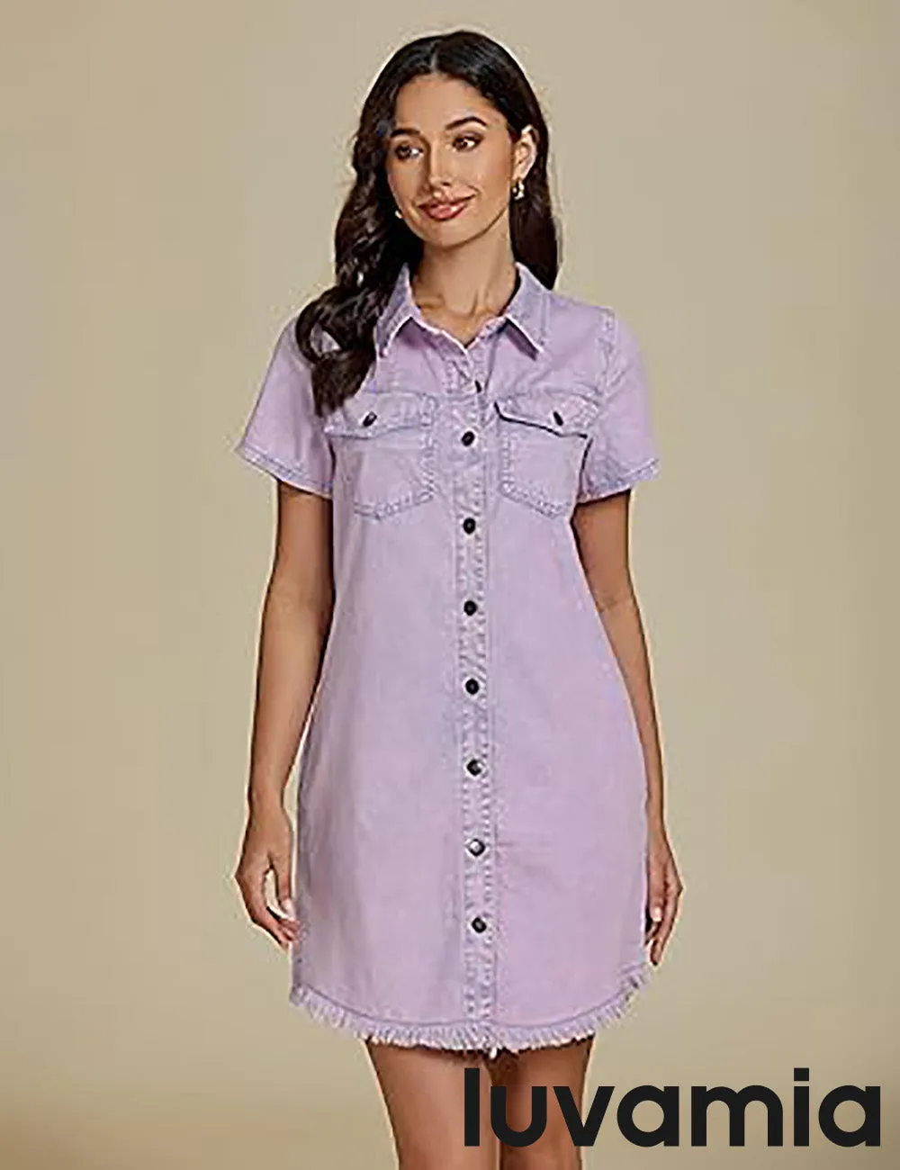 LUVAMIA Women's Midi Sundresses Crewneck short Sleeve Denim Casual Dress