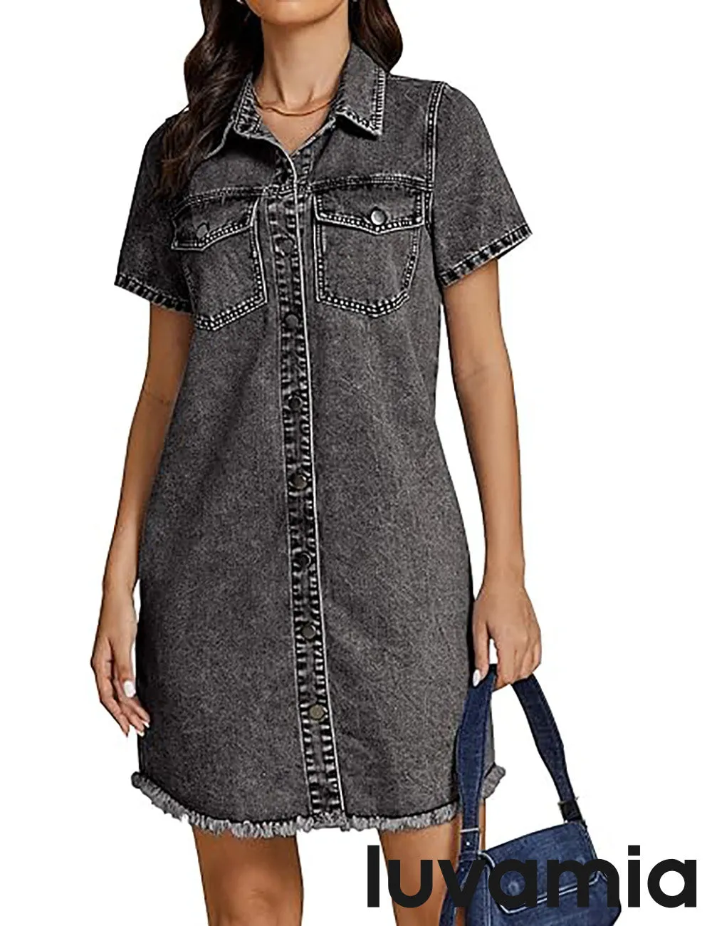 LUVAMIA Women's Midi Sundresses Crewneck short Sleeve Denim Casual Dress